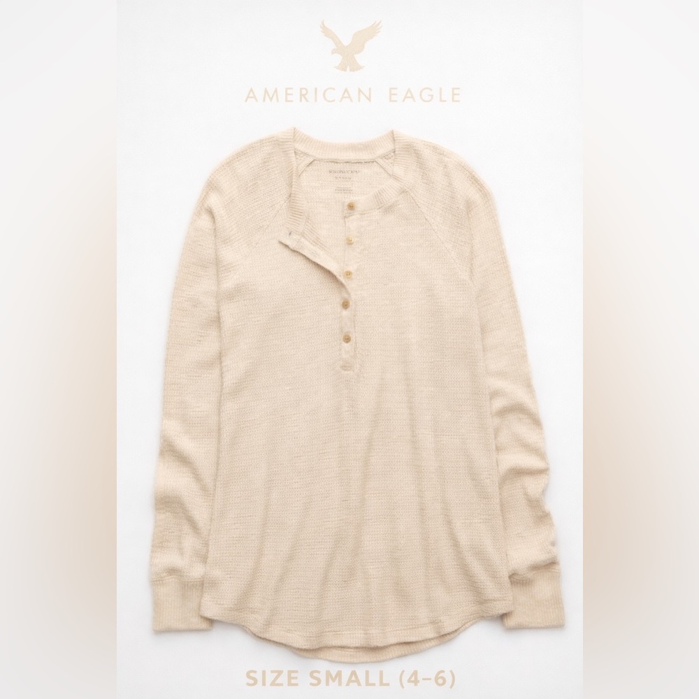 American Eagle Cream Waffle Knit Henley Long Sleeve Top Small